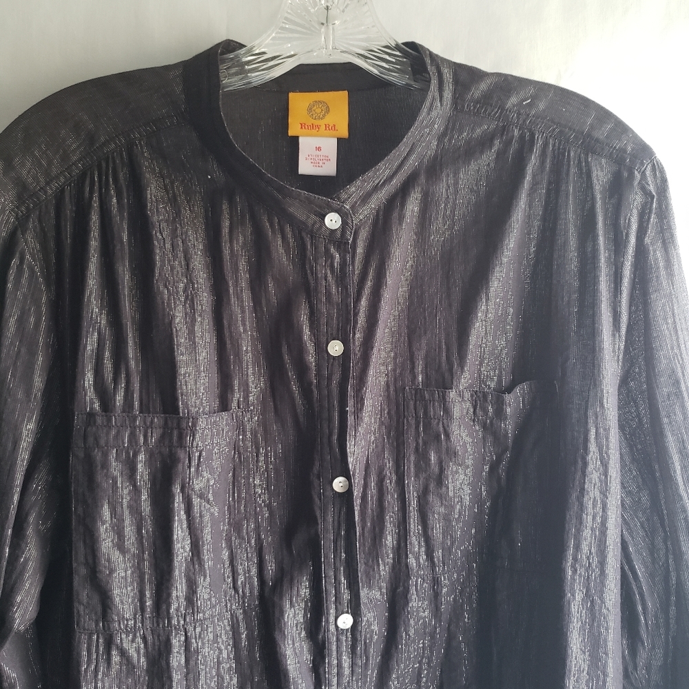 Ruby Rd. Black & Silver Shimmer Blouse Sheer Size 16.
